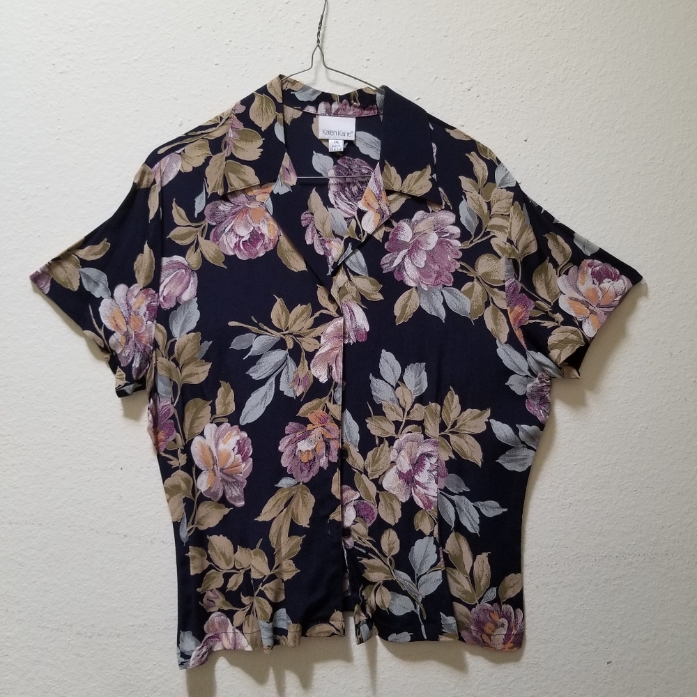 Karen Kane, floral blouse,size 14, navy blue
